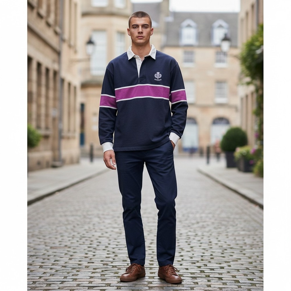 Dark Academia Scotland Rugby Shirt Navy Purple Stripe Long Sleeve XXL Cotton